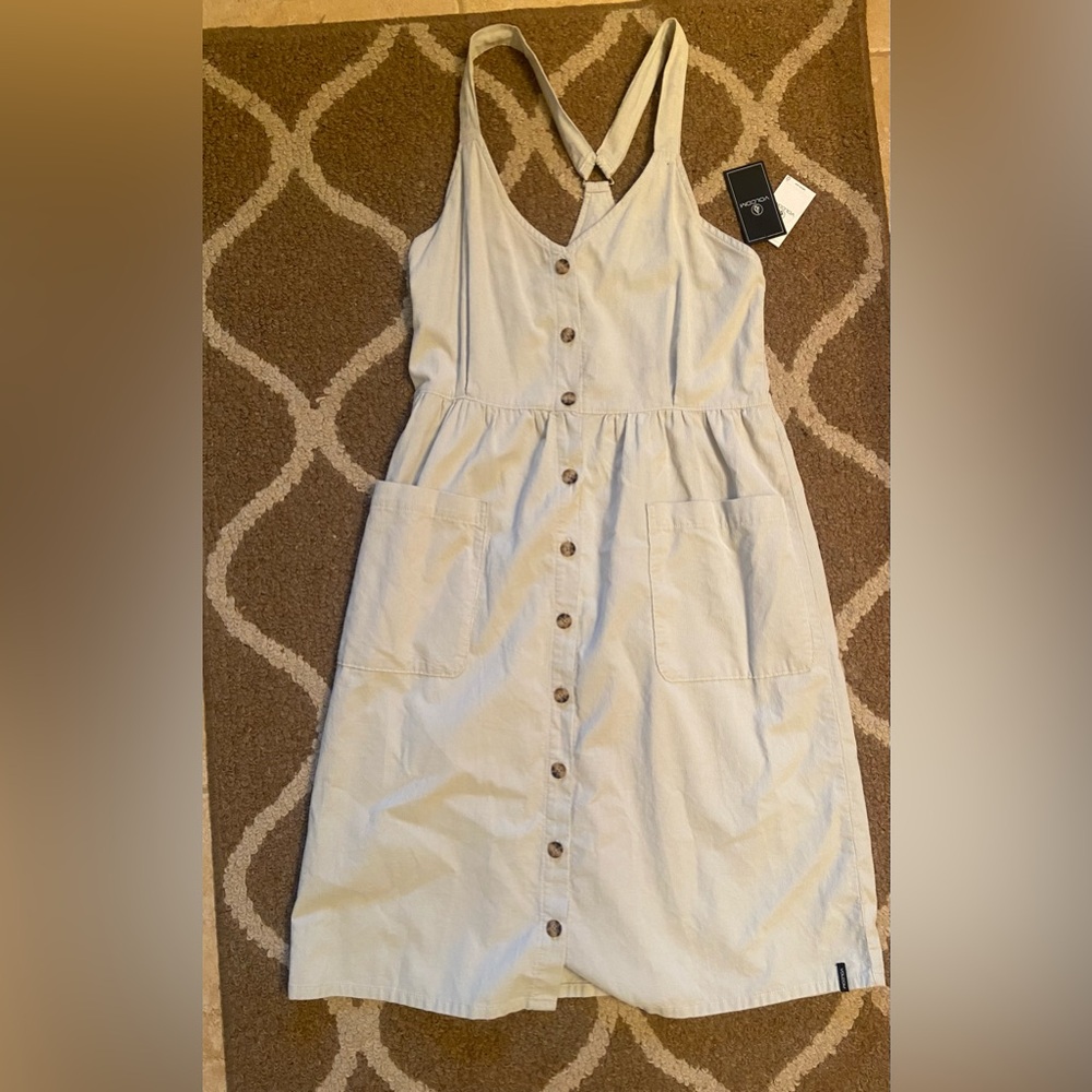 Baby blue volcom dress brand new with tags corduroy with brown buttons so cute!